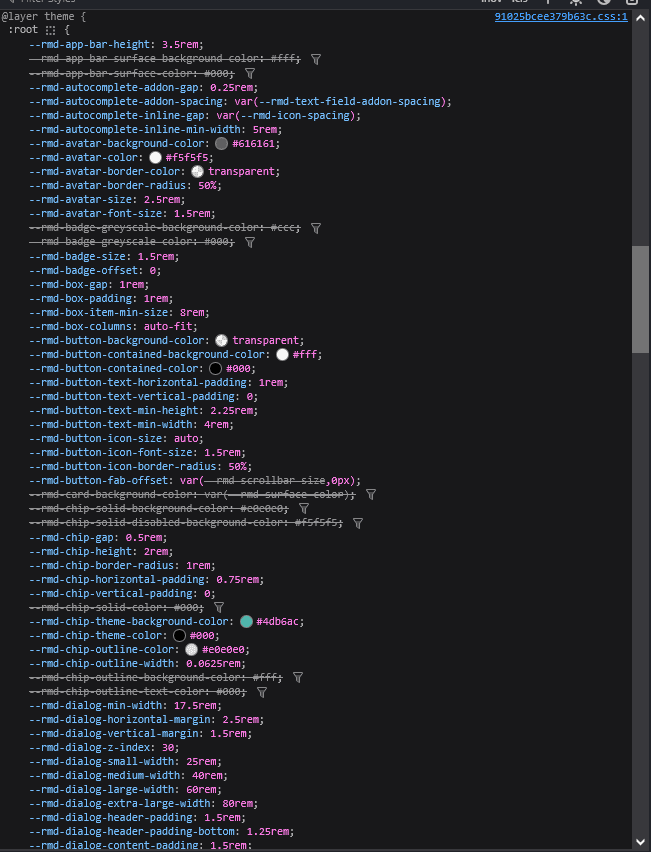 Browser DevTools showcasing variables grouped together in react-md@v6